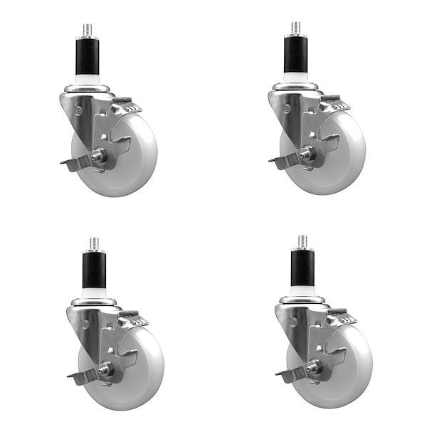4'' SS Nylon Swivel 1-3/8'' Expanding Stem Caster Set with Brake, 4PK